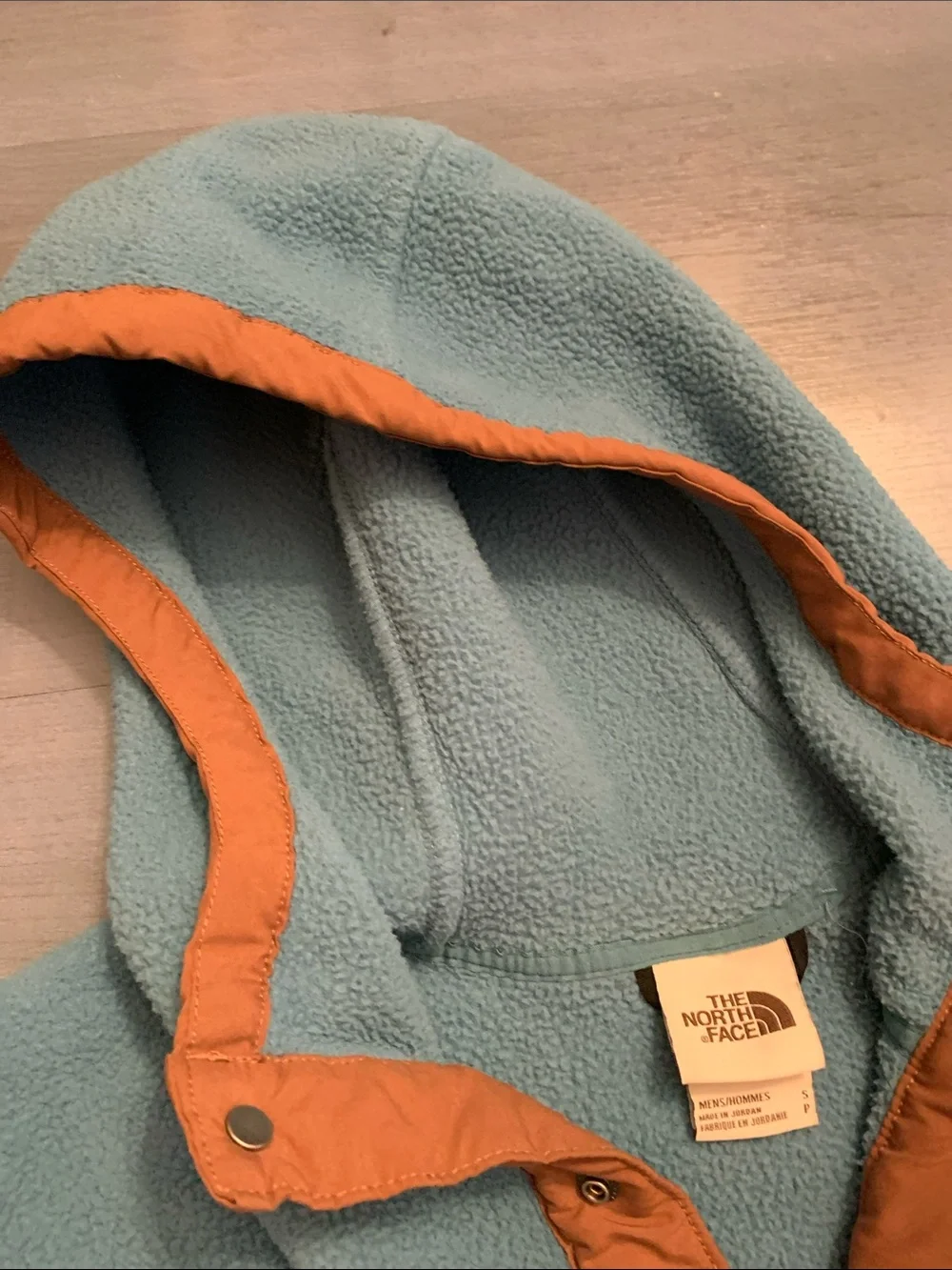 The North Face Teal Blue Hooded Fleece with Brown Trim